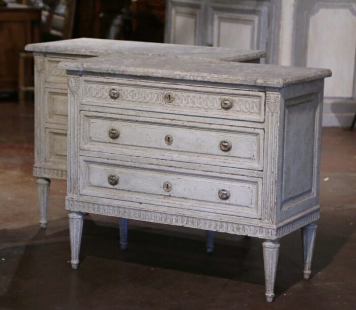 pair of 19th century louis xvi painted chests of drawers with faux marble top 0234