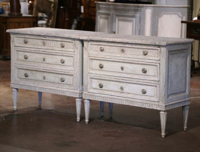 pair of 19th century louis xvi painted chests of drawers with faux marble top 2394