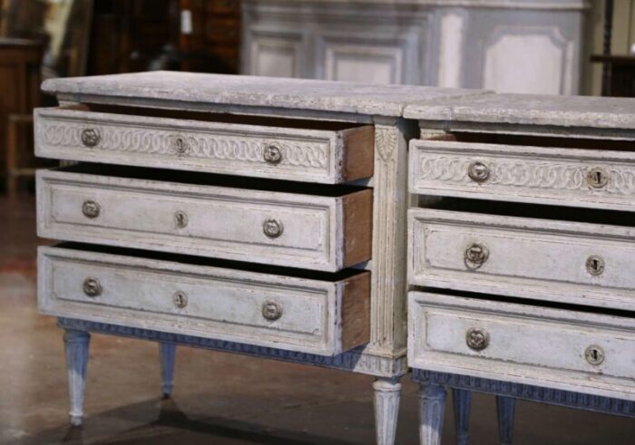 pair of 19th century louis xvi painted chests of drawers with faux marble top 4995