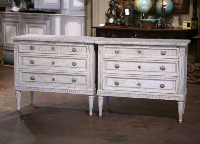 pair of 19th century louis xvi painted chests of drawers with faux marble top 7975