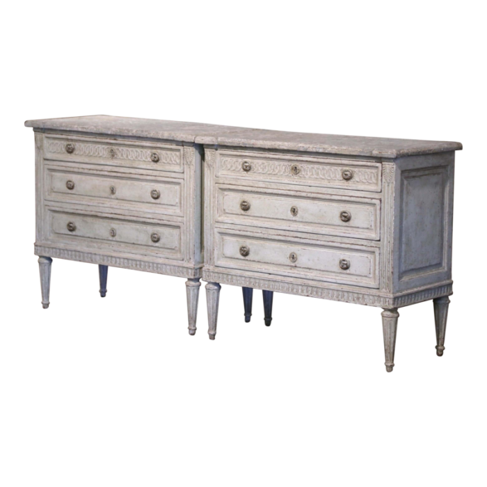 pair of 19th century louis xvi painted chests of drawers with faux marble top 8188