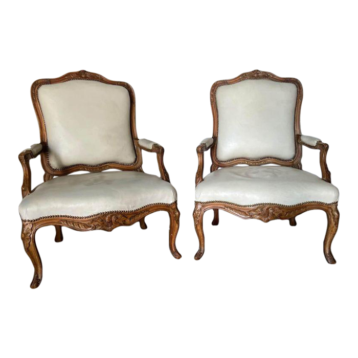 pair of antique louis xv style fruitwood leather armchairs 0086