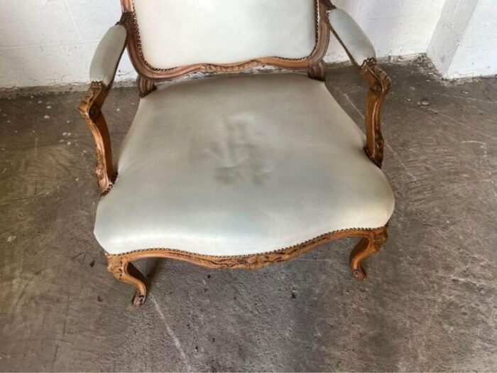 pair of antique louis xv style fruitwood leather armchairs 5829