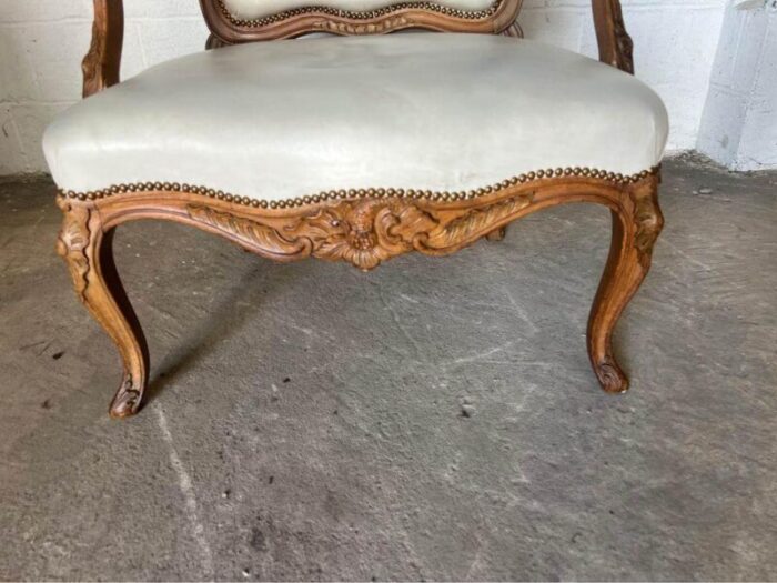 pair of antique louis xv style fruitwood leather armchairs 8057