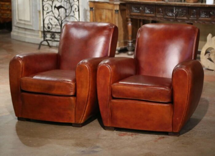 pair of early 20th century french art deco brown leather club armchairs 1181