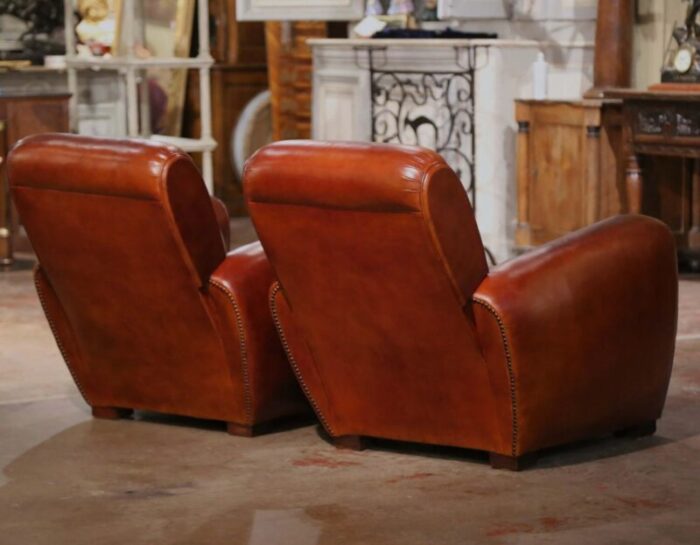 pair of early 20th century french art deco brown leather club armchairs 2458