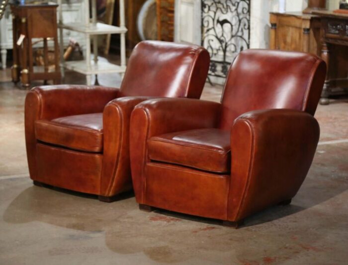 pair of early 20th century french art deco brown leather club armchairs 4807