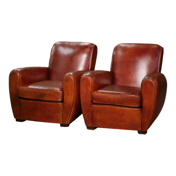 pair of early 20th century french art deco brown leather club armchairs 8959