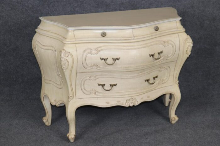 pair of fantastic french rococo bombe distressed off white painted commodes 0601