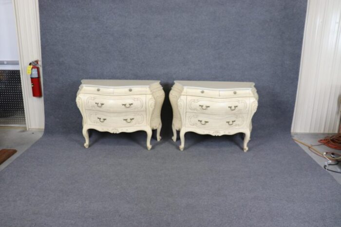 pair of fantastic french rococo bombe distressed off white painted commodes 8042