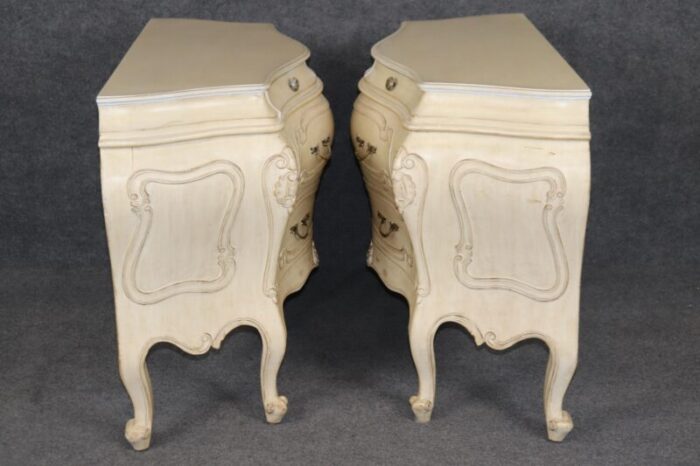 pair of fantastic french rococo bombe distressed off white painted commodes 8842