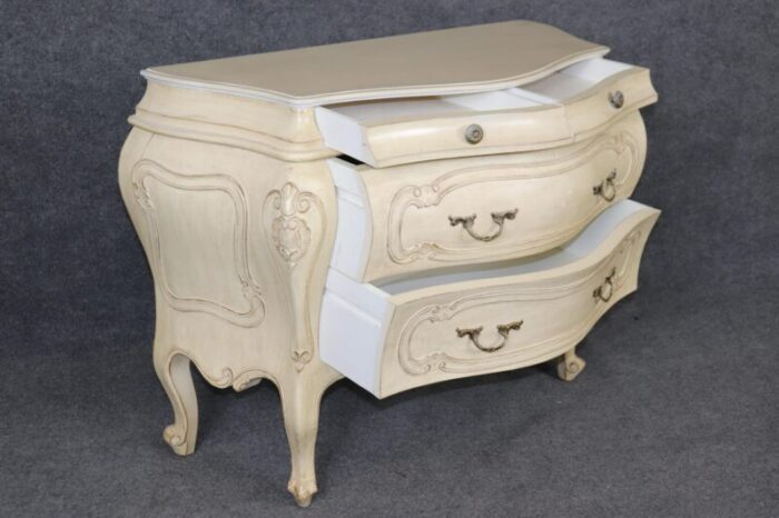 pair of fantastic french rococo bombe distressed off white painted commodes 9242