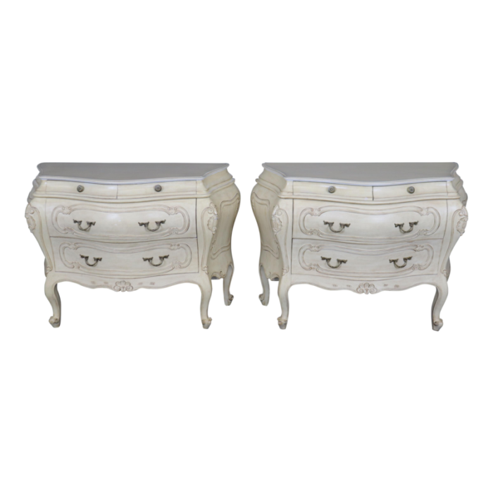 pair of fantastic french rococo bombe distressed off white painted commodes 9482