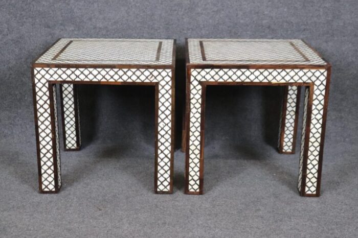 pair of moroccan bone inlaid square shaped end tables 6329