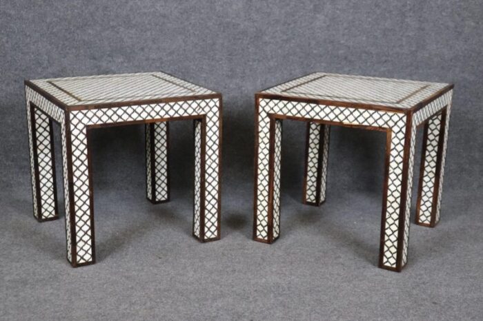 pair of moroccan bone inlaid square shaped end tables 6950