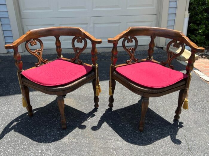 pair of vintage mid 20th century rush seat corner chairs with tasseled red cushions 5869