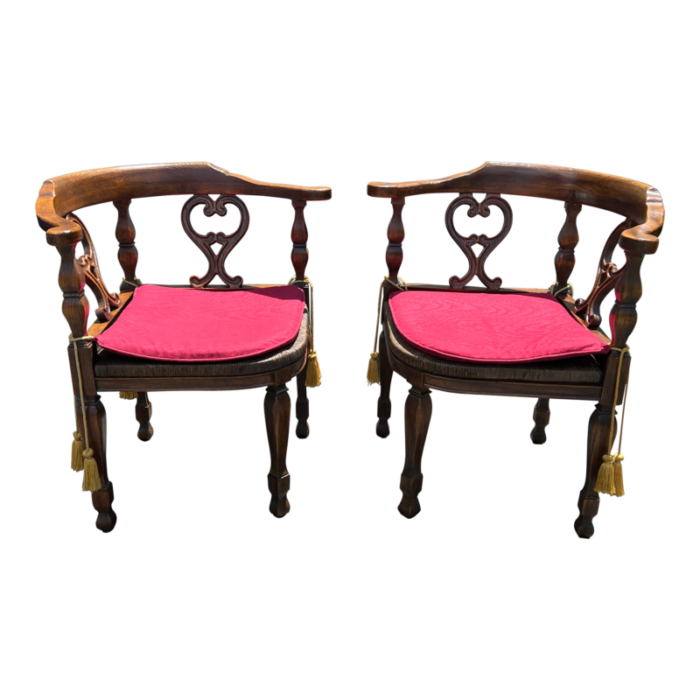 pair of vintage mid 20th century rush seat corner chairs with tasseled red cushions 6240