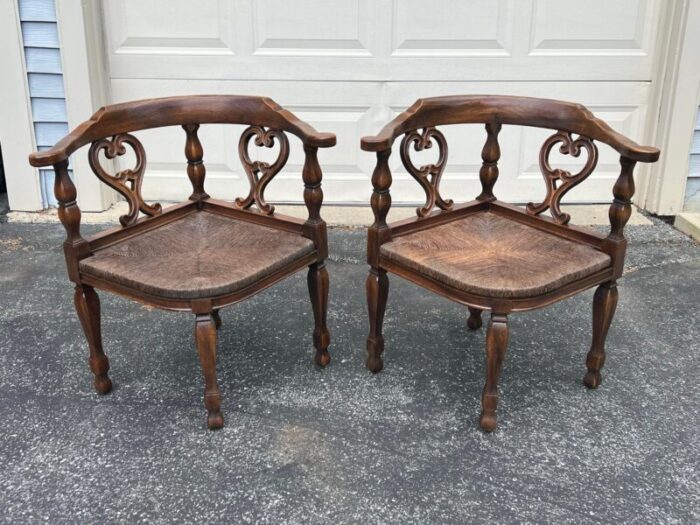 pair of vintage mid 20th century rush seat corner chairs with tasseled red cushions 7065