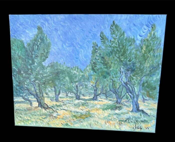 plein air post impressionism landscape olive trees signed painting 1200