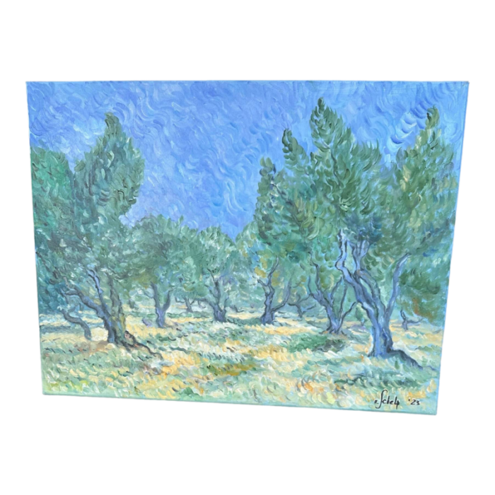 plein air post impressionism landscape olive trees signed painting 7200