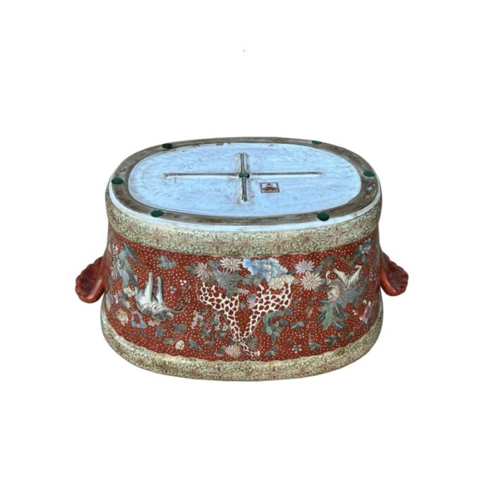 porcelain canton brick red golden color animals scenery oval pot 0437