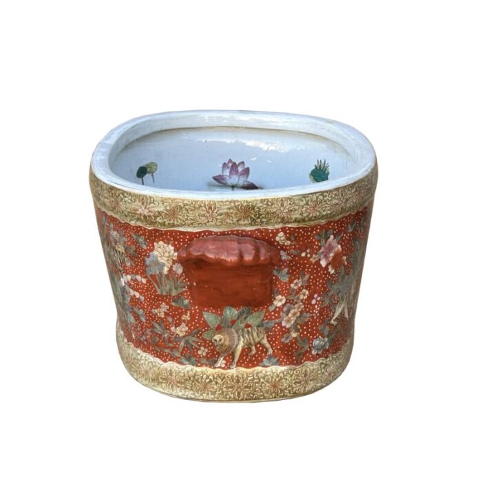 porcelain canton brick red golden color animals scenery oval pot 7890