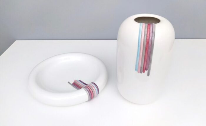 postmodern white ceramic vase with hand painted details by ambrogio pozzi italy 6951