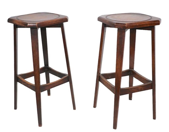 pr arts and crafts style oak bar height stools by ferguson c 19001930s 5431