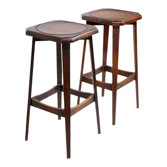 pr arts and crafts style oak bar height stools by ferguson c 19001930s 5688