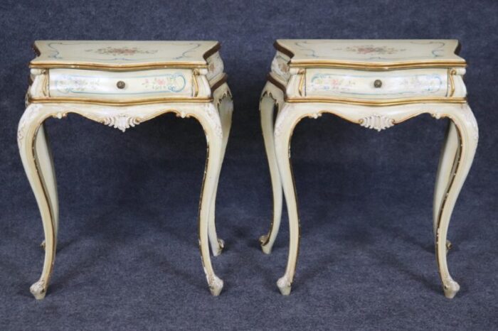 rare pair distressed paint decorated venetian italian nightstands circa 1920s 0559