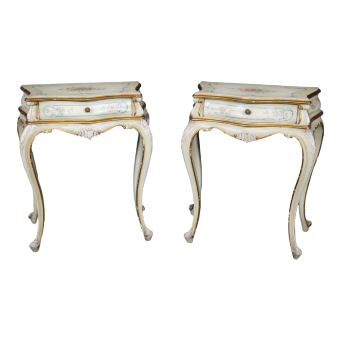 rare pair distressed paint decorated venetian italian nightstands circa 1920s 3174