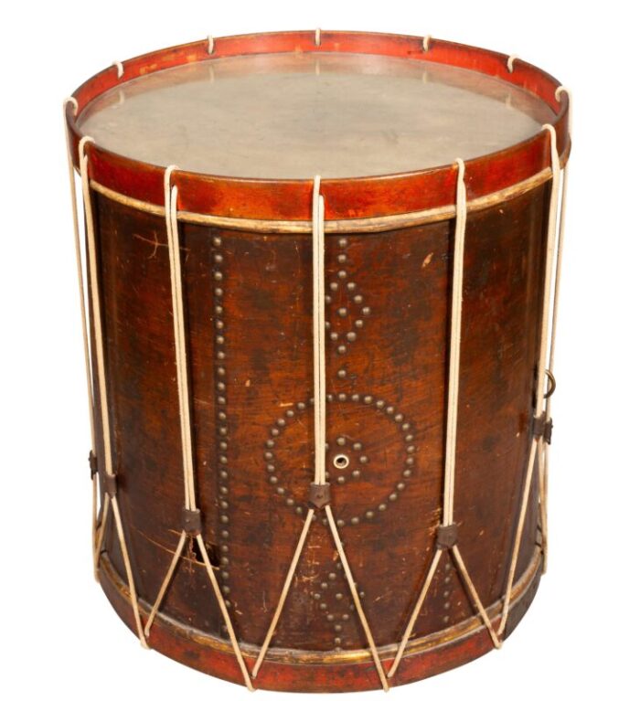 regency mahogany and brass studded drum now a table 8542