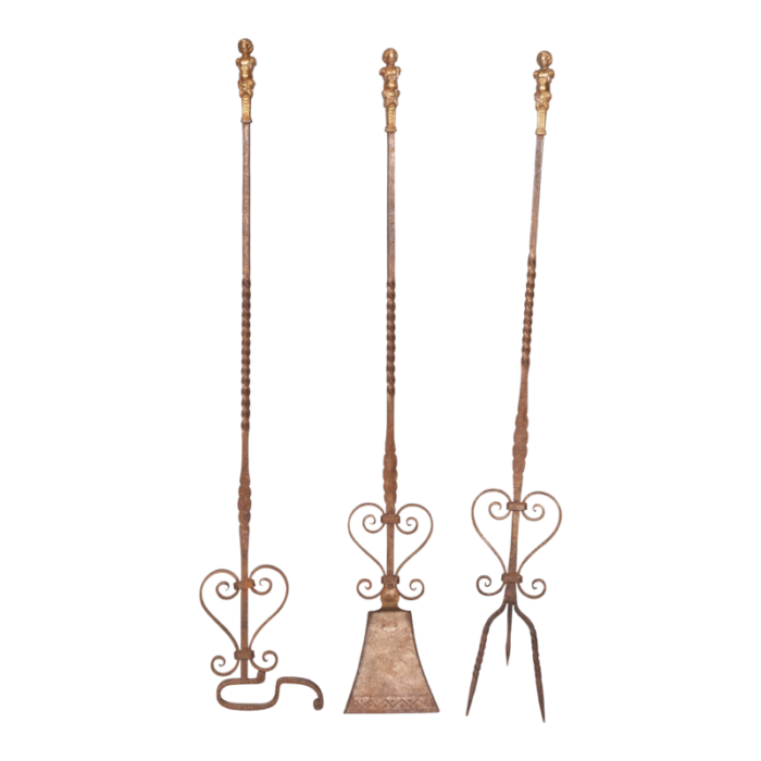 renaissance style wrought iron and bronze firetools set of 3 2138