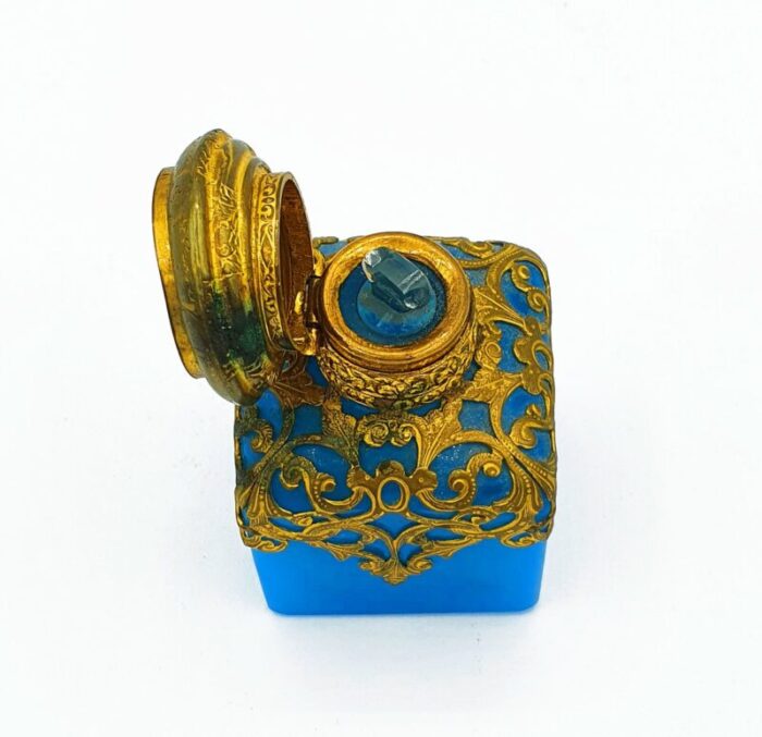 royal blue opaline glass perfume bottle with a miniature of paris 11