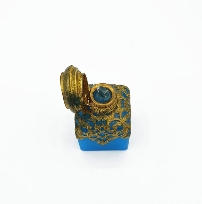 royal blue opaline glass perfume bottle with a miniature of paris 4