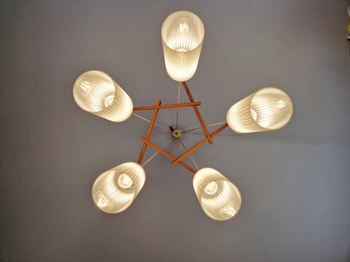 scandinavian chandelier in teak and grooved tubular glass 1960s 0235