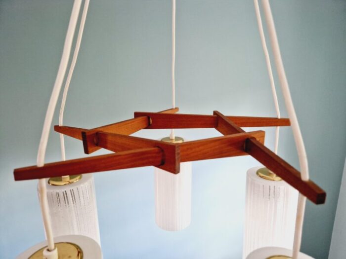 scandinavian chandelier in teak and grooved tubular glass 1960s 4363