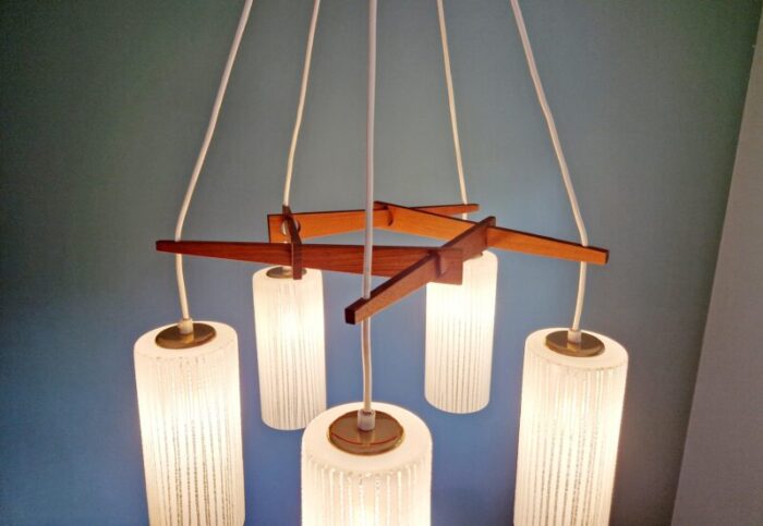 scandinavian chandelier in teak and grooved tubular glass 1960s 6054