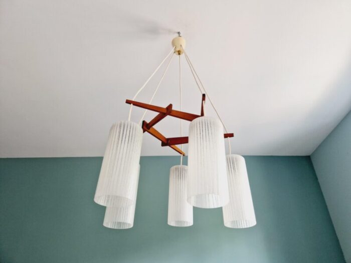 scandinavian chandelier in teak and grooved tubular glass 1960s 6061