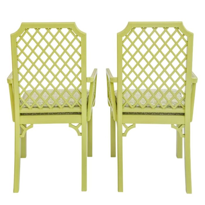 set of 2 green lattice detailed chairs with palm orleans tulipes de marche in garden district fabric 0177