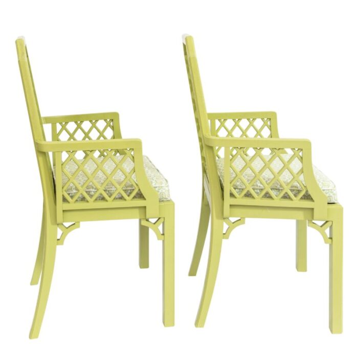 set of 2 green lattice detailed chairs with palm orleans tulipes de marche in garden district fabric 2254