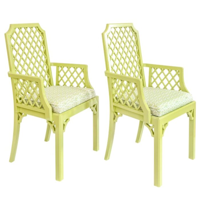 set of 2 green lattice detailed chairs with palm orleans tulipes de marche in garden district fabric 6688