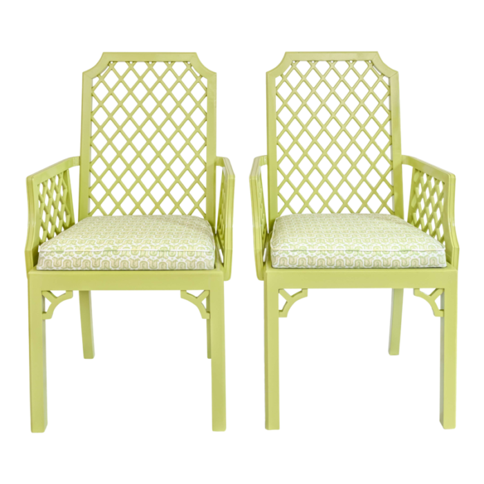 set of 2 green lattice detailed chairs with palm orleans tulipes de marche in garden district fabric 6786