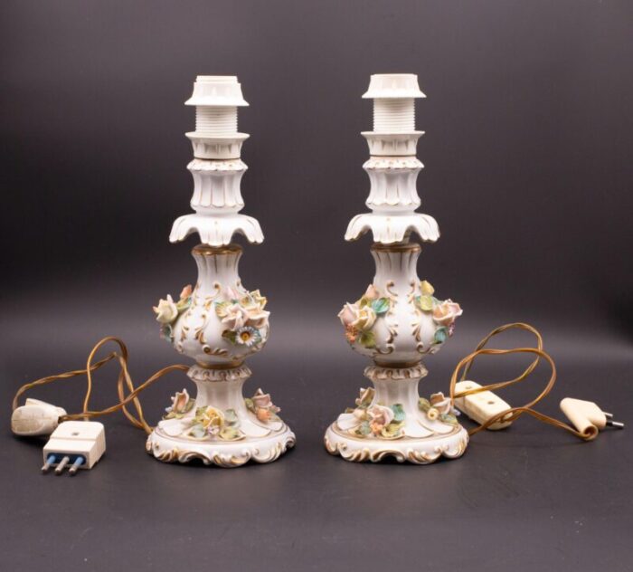 set of 2 midcentury italian modern capodimonte porcelain floral table lamps 1913