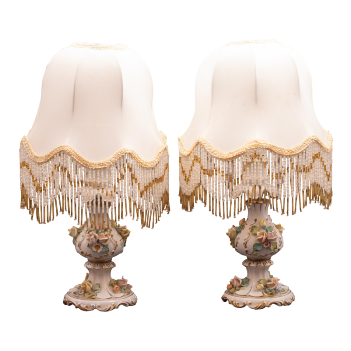 set of 2 midcentury italian modern capodimonte porcelain floral table lamps 2302