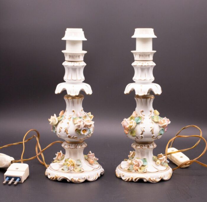 set of 2 midcentury italian modern capodimonte porcelain floral table lamps 8380