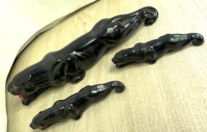 set of 3 black panther mid century ceramic figures sculpture 1513