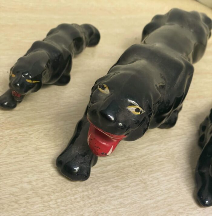 set of 3 black panther mid century ceramic figures sculpture 2812