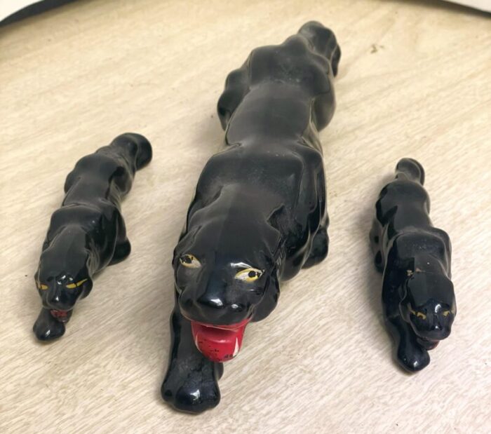 set of 3 black panther mid century ceramic figures sculpture 9859