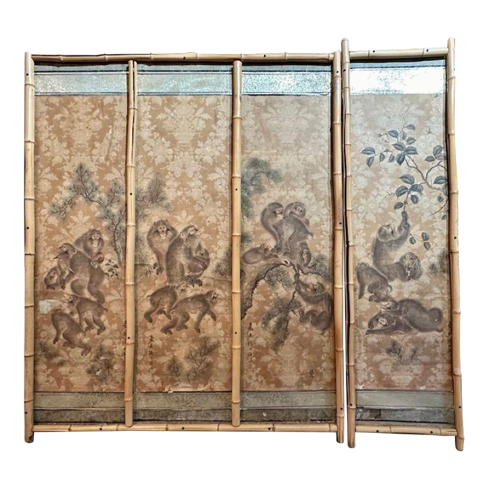 set of four vintage italian panels of monkeys in bamboo frames 2048